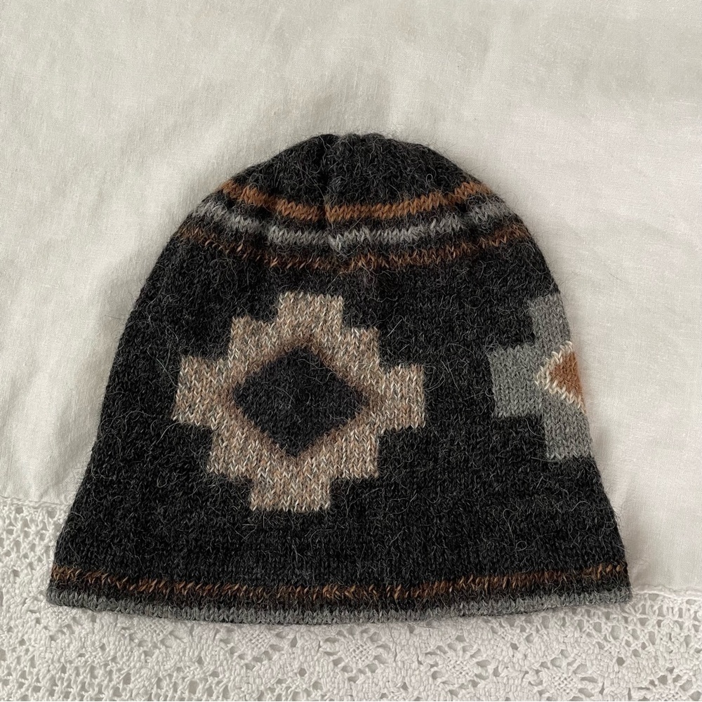 Aztec Southwestern Beanie Gray Cream Brown alpaca wool blend
